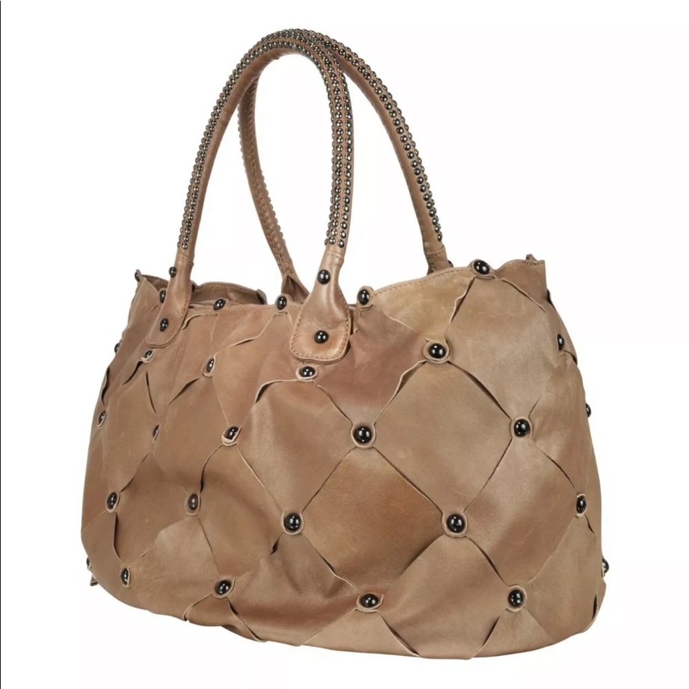 DAVID & SCOTTI LEATHER SCARF LARGE STUDDED SATCHEL BAG - BROWN